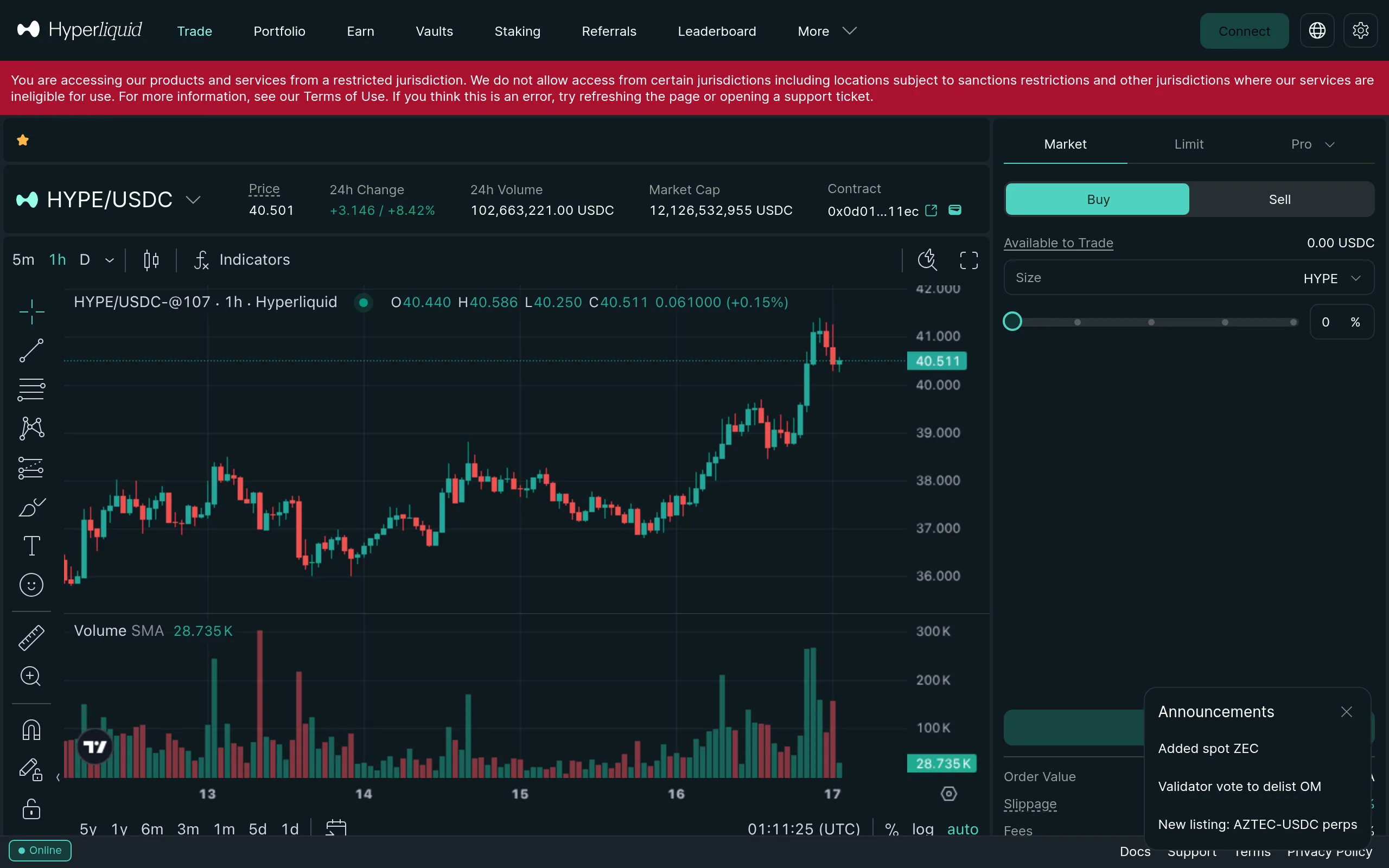 Hyperliquid trading interface showing USDH-aligned pairs