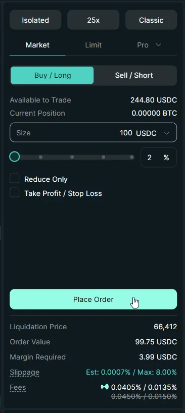 Hyperliquid order entry panel with a market buy order for BTC-USD filled in